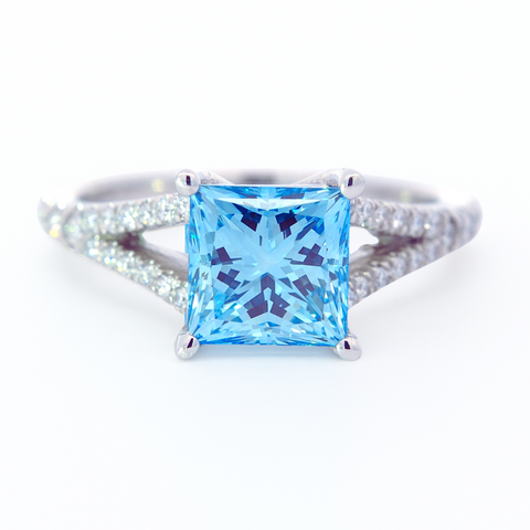 Fancy Vivid Blue 2.07 Carat Princess Diamond Split Shank Engagement Ring 2.25 CTW in Platinum